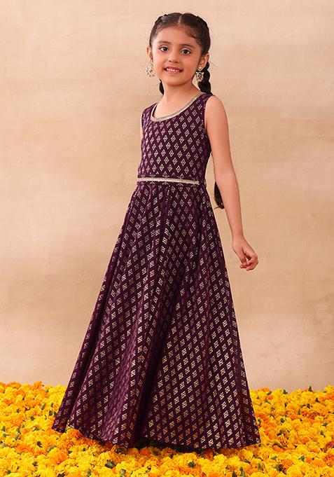 Purple Foil Print Flared Dress With Belt (Set of 2)