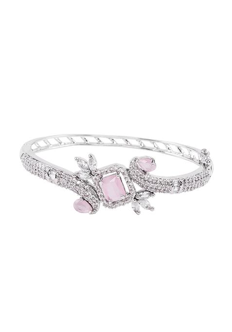 Silver Finish Zirconia And Light Pink Stone Cuff Bracelet