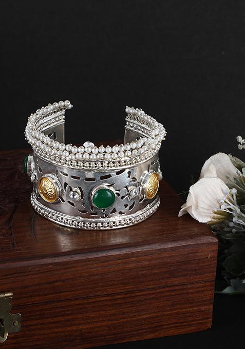 Silver Tone Green Stone Bangle