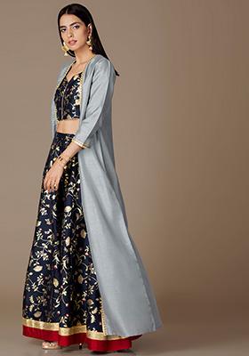 Buy Women Grey Blue Embellished Maxi Jacket - RTW - Indya