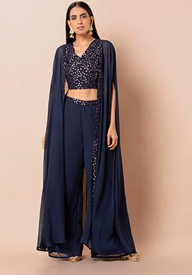 Indian Beautiful blue Color Crop Top Pant With Shrug Partywear Dress, –  azrakhkurtis