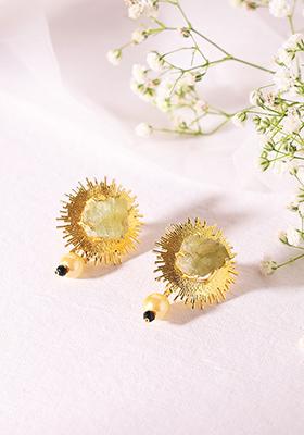 Gold Finish Aqua Stone Spiked Stud Earrings