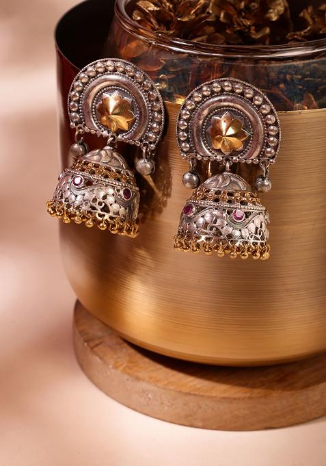 Silver Oxidised Abstract Floral Jhumka Earrings
