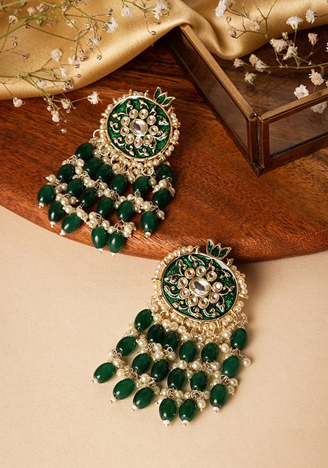 Gold Finish Kundan And Turquoise Bead Dangler Earrings