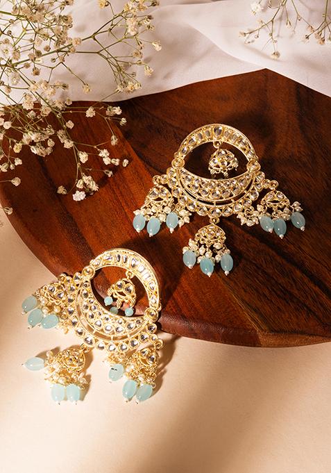 Gold Finish Kundan And Aqua Blue Bead Chandbali Earrings