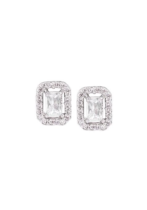 Silver Finish Zirconia Baguette Stud Earrings