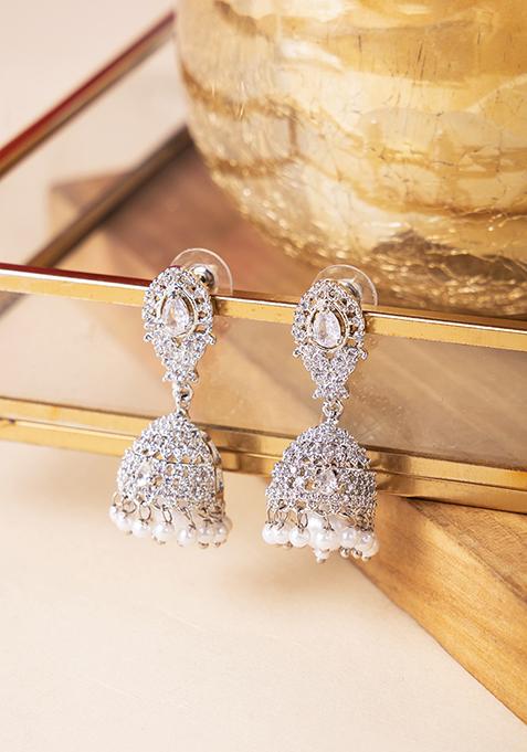 Silver Finish Zirconia And White Bead Jhumki Earrings