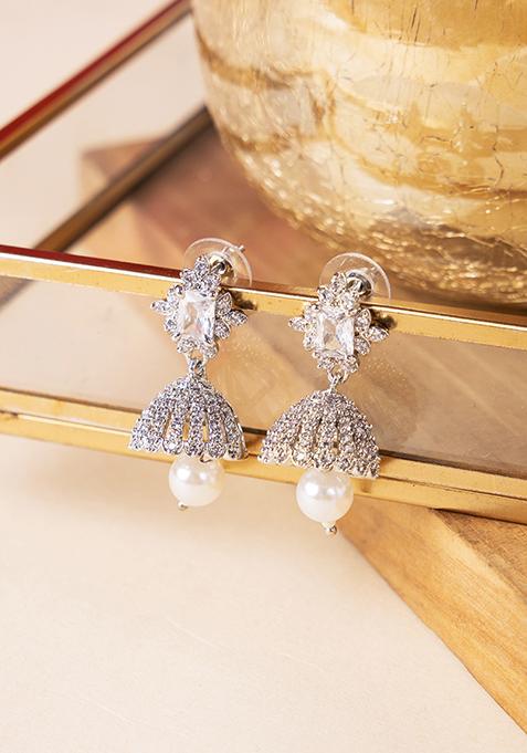 Silver Finish Zirconia Pearl Drop Jhumki Earrings
