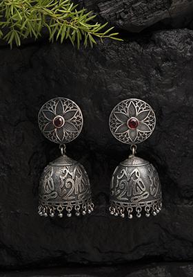 Silver Tone Red Stone Ghungroo Brass Jhumka Earrings