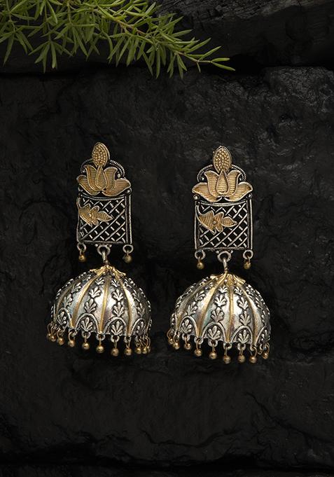 Lotus Design Silver Tone Brass Jhumka Earrings
