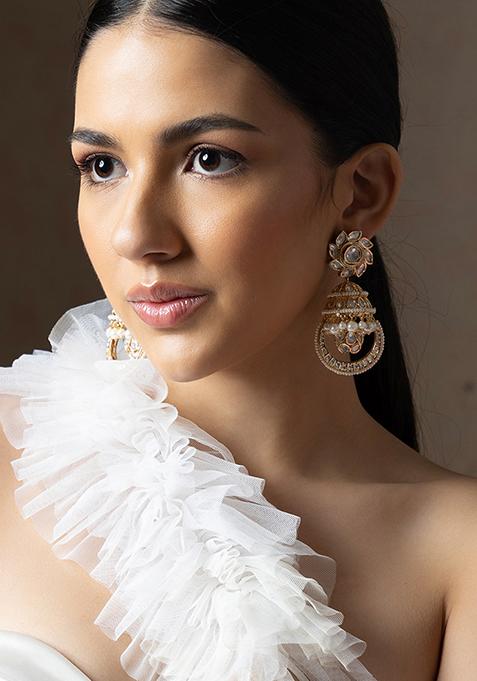 Gold Plated Polki And Pearl Jhumka Earrings