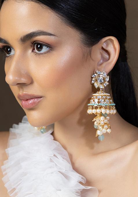 Mint Green Pearl Drop Jhumka Earrings