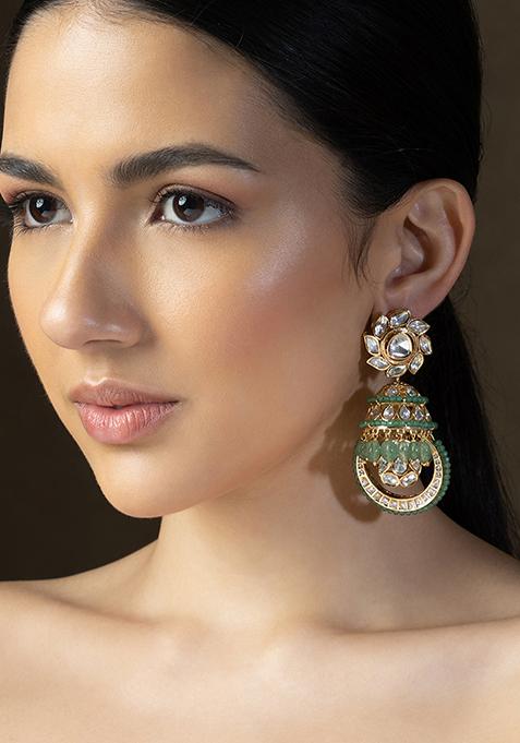 Green Polki Beaded Floral Jhumka Earrings