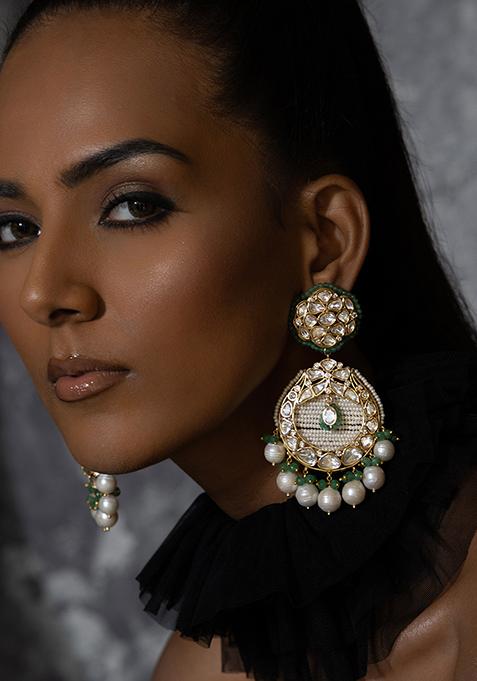 Green Polki And Pearl Floral Drop Earrings