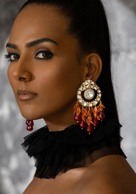 Gold Plated Polki And Red Stone Drop Earrings