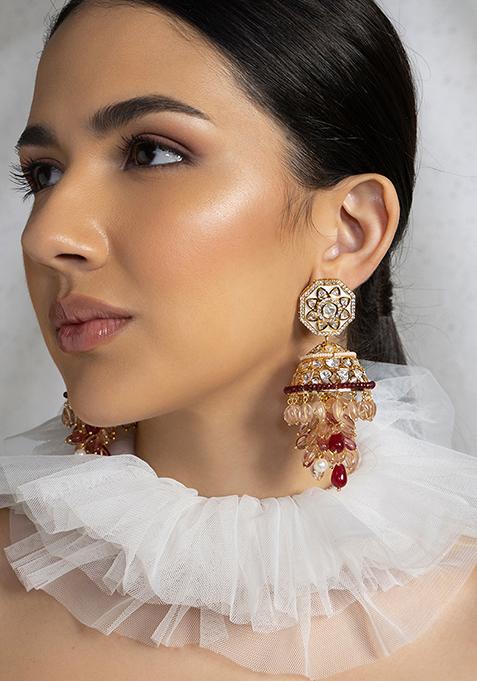 Red Gold Plated Polki Jhumka Earrings