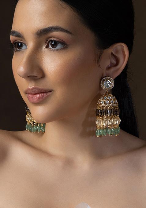 Gold Plated Jade Tumbles Polki Jhumka Earrings