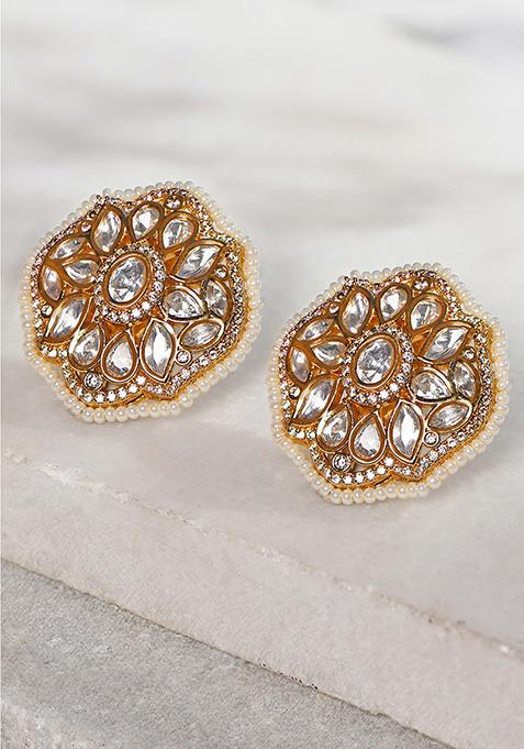 Gold Plated Pearl And Polki Floral Stud Earrings