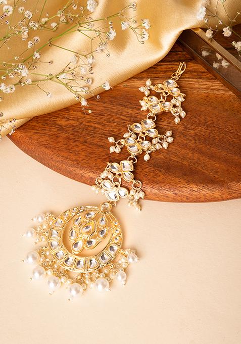 Gold Finish Kundan And Ivory Bead Floral Maangtika