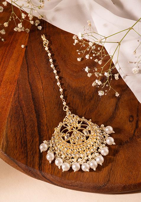 Gold Finish Kundan And Ivory Bead Maangtika