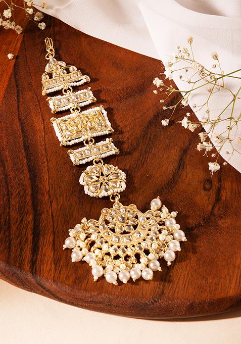 Gold Finish Kundan And Ivory Pearl Maangtika