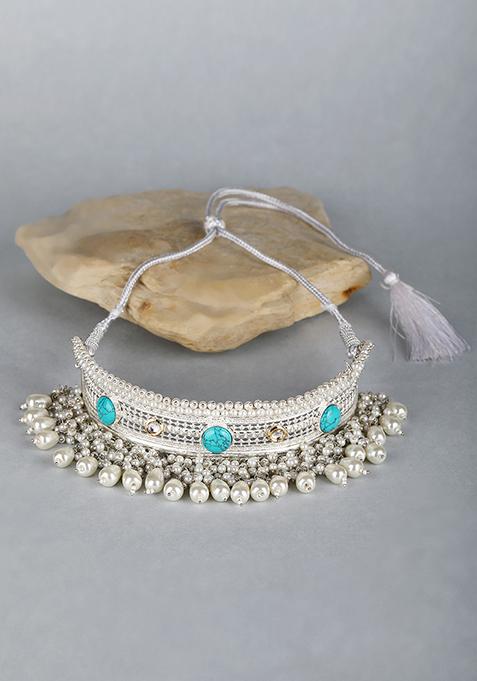 Silver Finish White Bead Necklace