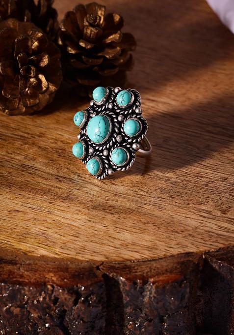 Silver Oxidised Blue Stone Ring