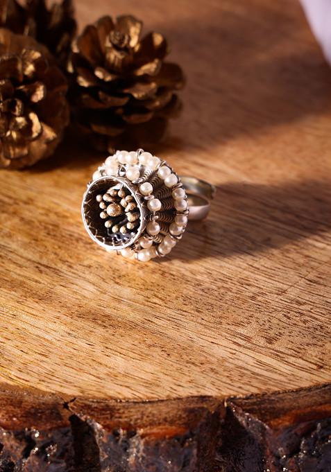 Silver Oxidised White Bead Tribal Ring