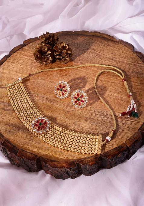 Gold Finish Kundan And Pink Stone Choker Necklace And Earrings Set