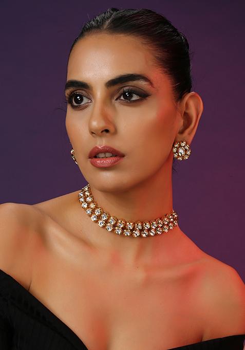 Gold Tone Kundan Choker Set With Earrings