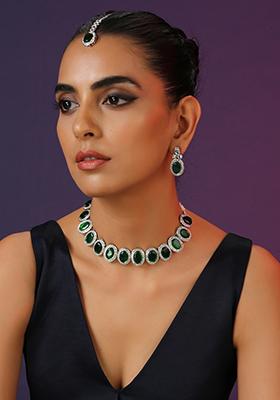 Green Silver Tone Zirconia Necklace Set With Earrings And Maangtika