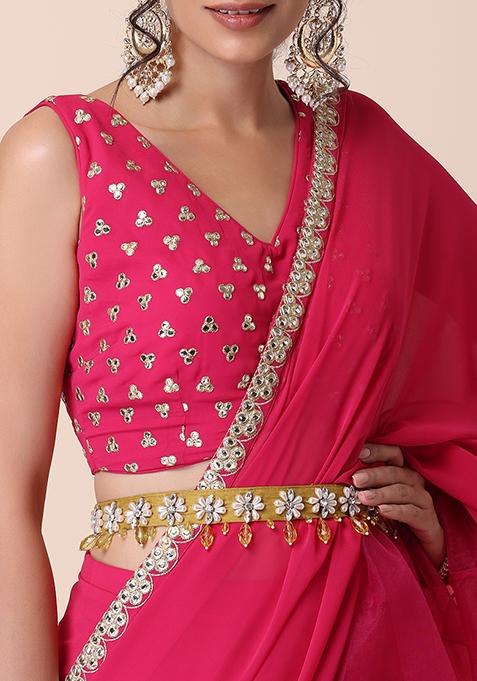 Yellow Crystal And Pearl Embellished Tasselled  Belt