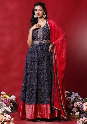 Navy Blue Georgette Embroidered Bandhani Print Anarkali Kurta