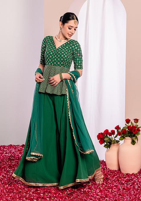 Green Embroidered Peplum Kurta Set With Flared Palazzo And Dupatta