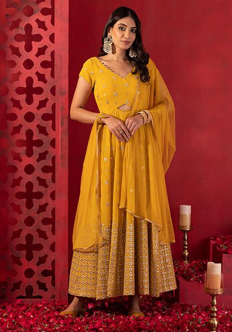 Mustard Yellow Mirror Sequin And Zari Embroidered Anarkali Suit With Mesh Dupatta