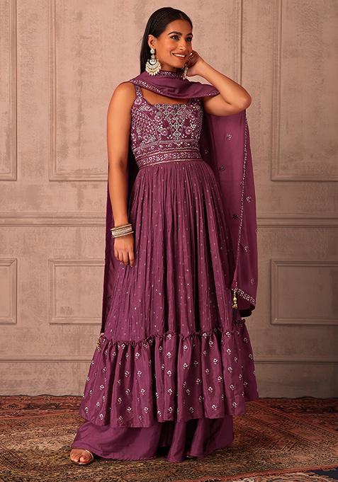 Wine Embroidered Sharara Set With Tiered Kurta And Dupatta 