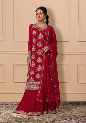Velvet Wine Kurti Embroidered Neck Patch Sharara With Dupatta Women Indo Western Women Co-Ord Set