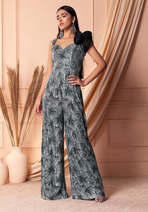 Dark Green Sequin Embroidered Abstract Print Jumpsuit