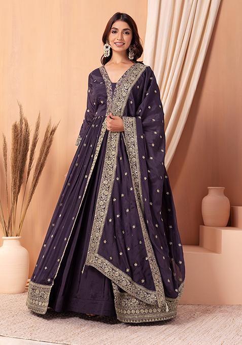 Purple Zari Sequin Embroidered Kurta Set With Lehenga Skirt And Dupatta
