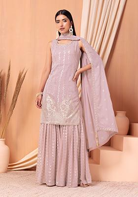 Velvet Pink Kurti Embroidered Neck Patch Sharara With Dupatta Indo Western Women Co-Ord Set