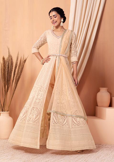 Peach Thread Embroidered Anarkali Kurta And Pants Set With Dupatta And Belt