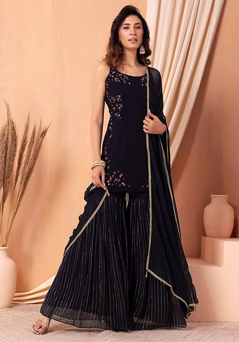 Dark Purple Sharara Set With Hand Embroidered Kurta And Dupatta