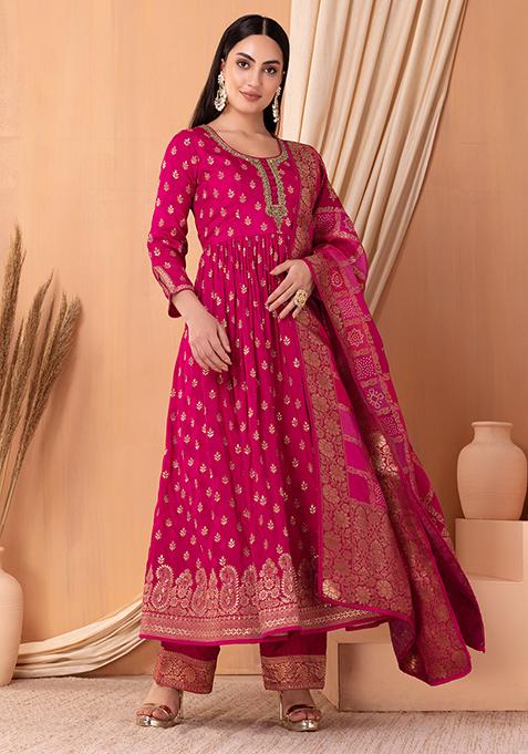 Hot Pink Floral Boota Embroidered Anarkali Suit Set With Pants And Dupatta