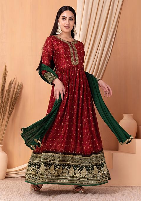 Red Bandhani Print Anarkali Suit Set With Churidar And Contrast Dupatta