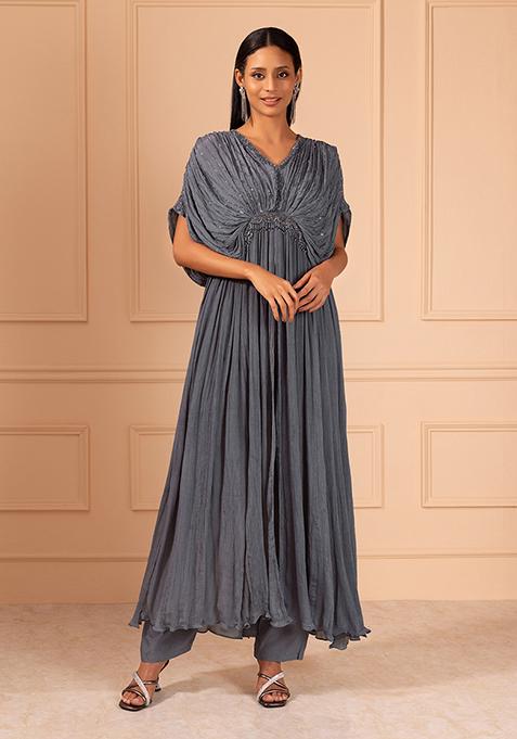 Grey Embroidered Kimono Sleeve Anarkali Kurta Set With Pants