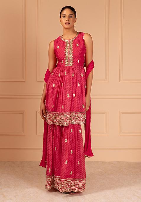 Dark Pink Leheriya Print Embroidered Sharara Set With Short Kurta And Dupatta