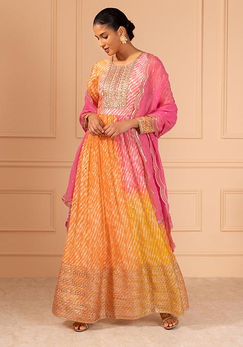 Orange Leheriya Print Anarkali Suit Set With Churidar And Contrast Dupatta