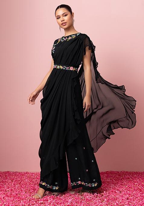 Black Floral Thread Embroidered Jumpsuit With Organza Cape And Belt