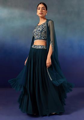 Teal Lehenga Set With Floral Embellished Blouse And Mesh Jacket