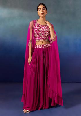 Hot Pink Lehenga Set With Floral Embellished Blouse And Mesh Jacket